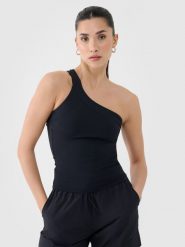 4F Crop-top slim z asymetrycznym ramiączkiem damski - czarny XS. Czarne topy damskie 4f, xs, bez wzorów, z dzianiny, z asymetrycznym kołnierzem. W wyprzedaży za 19.99 zł.