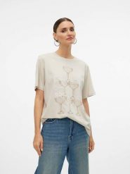 Vero Moda Koszulka "Ezra" w kolorze beżowym rozmiar: XS. Brązowe bluzki damskie Vero Moda, xs, bez wzorów, z bawełny, bez kołnierzyka, bez ramiączek. Za 43.88 zł.