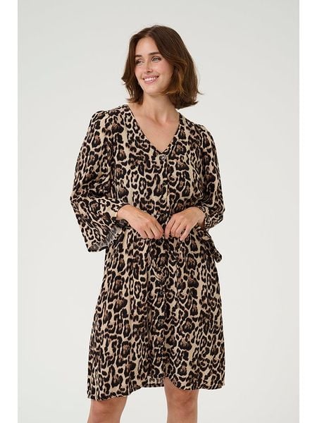 Kaffe Sukienka w kolorze beżowo-czarno-brązowym rozmiar: 46. Brązowe sukienki damskie Kaffe, na co dzień, s, bez wzorów, z tkaniny, klasyczne, bez kołnierzyka, bez ramiączek, midi, proste. Za 91.56 zł.