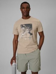 4F T-shirt regular z nadrukiem męski - beżowy L. Brązowe t-shirty męskie 4f, l, bez wzorów, z bawełny, bez kołnierzyka. Za 69.99 zł.