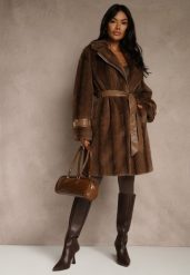 Brązowy Płaszcz Futerko z Paskiem z Imitacji Skóry i Klamrami przy Mankietach Charysha. Brązowe płaszcze damskie Renee, l, bez wzorów, z futra, eleganckie. Za 339.99 zł.