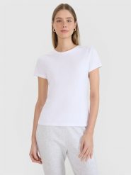 4F T-shirt slim z nadrukiem damski - biały XS. Białe t-shirty damskie 4f, xs, bez wzorów, z bawełny, bez kołnierzyka. Za 49.99 zł.