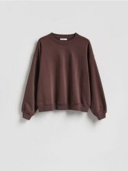 Gładka bluza z bawełną - ciemnobrązowy. Brązowe bluzy bez kaptura damskie Reserved, l, z bawełny. Za 89.99 zł.