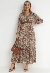 Brązowo-Beżowa Sukienka Z Paskiem Phaenala. Brązowe sukienki damskie Born2be, l, bez wzorów, z zamszu, klasyczne, bez kołnierzyka, bez ramiączek, maxi. Za 149.99 zł.