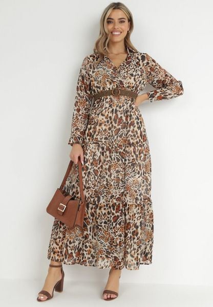 Brązowo-Beżowa Sukienka Z Paskiem Phaenala. Brązowe sukienki damskie Born2be, l, bez wzorów, z zamszu, klasyczne, bez kołnierzyka, bez ramiączek, maxi. Za 149.99 zł.