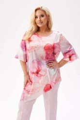 Elegancka tunika Liliana z asymetrycznym krojem w kwiaty w odcieniach bieli i różu PLUS SIZE XXL. Czerwone tuniki damskie Moda Size Plus Iwanek, na co dzień, plus size, bez wzorów, z elastanu, eleganckie, z asymetrycznym kołnierzem, plus size, bez ramiączek. Za 239.90 zł.