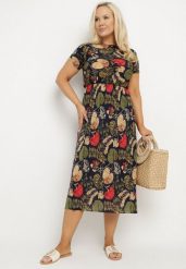 Granatowa Rozkloszowana Sukienka z Gumką w Talii we Wzór Pawich Oczek Duilla. Niebieskie sukienki damskie Born2be, na lato, plus size, bez wzorów, bez kołnierzyka, plus size, bez ramiączek, midi, rozkloszowane. W wyprzedaży za 43.99 zł.