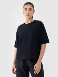 4F T-shirt regular z waflowej dzianiny damski - czarny L. Czarne t-shirty damskie 4f, l, bez wzorów, z bawełny, bez kołnierzyka. W wyprzedaży za 49.99 zł.