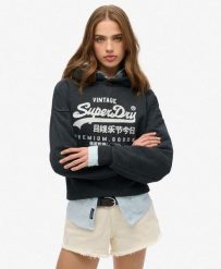 Luźna bluza z kapturem metalicznym Vl. Czarne bluzy z kapturem damskie Superdry., z bawełny. Za 299.30 zł.