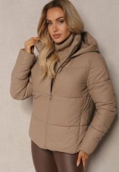 Beżowa Klasyczna Kurtka z Pikowanymi Przeszyciami Kapturem i Kieszeniami Anrinna. Brązowe kurtki damskie Renee, na zimę, l, bez wzorów, z materiału. Za 179.99 zł.