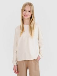 4F Longsleeve oversize gładki dziewczęcy - beżowy 134 (8-9 lat). Brązowe koszulki dziewczęce 4f, bez wzorów, z bawełny, bez ramiączek. W wyprzedaży za 19.99 zł.