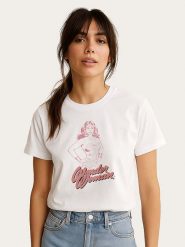 WOOOP Koszulka "Wonder Woman Pink" w kolorze białym rozmiar: S. Białe bluzki damskie Wooop, s, bez wzorów, z bawełny, bez kołnierzyka, bez ramiączek. Za 56.99 zł.