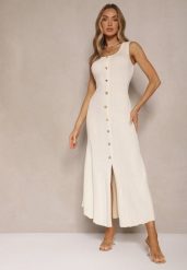 Jasnobeżowa Sweterkowa Sukienka z Wiskozy Ozdobiona Guzikami Lunioris. Brązowe sukienki damskie Renee, na co dzień, bez wzorów, z wiskozy, eleganckie, bez kołnierzyka, bez ramiączek, maxi, kopertowe. Za 159.99 zł.