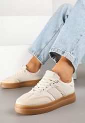 Beżowe Sneakersy Tenisówki Ozdobione Paskami Falaviela. Brązowe trampki i tenisówki damskie Renee, bez wzorów, z jeansu. Za 89.99 zł.