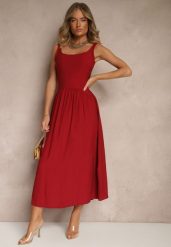 Bordowa Rozkloszowana Sukienka z Wiskozy Milunisa. Czerwone sukienki damskie Renee, na co dzień, m, bez wzorów, z jeansu, eleganckie, bez kołnierzyka, bez ramiączek, maxi, rozkloszowane. W wyprzedaży za 62.99 zł.