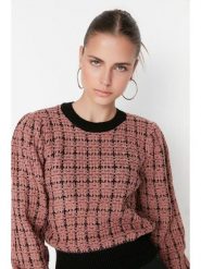 Trendyol Sweter w kolorze jasnobrązowo-czarnym rozmiar: L. Brązowe swetry klasyczne damskie Trendyol, l, ze splotem, bez kołnierzyka. Za 73.99 zł.