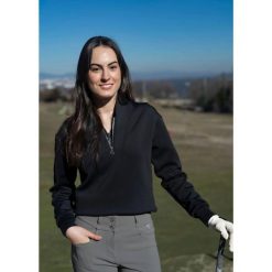 Damski golfowy sweter Swinley – Miękki, elastyczny, szybkoschnący half-zip. Czarne golfy damskie FLAIRWAY GOLF, bez wzorów, z tkaniny, bez ramiączek. Za 362.00 zł.