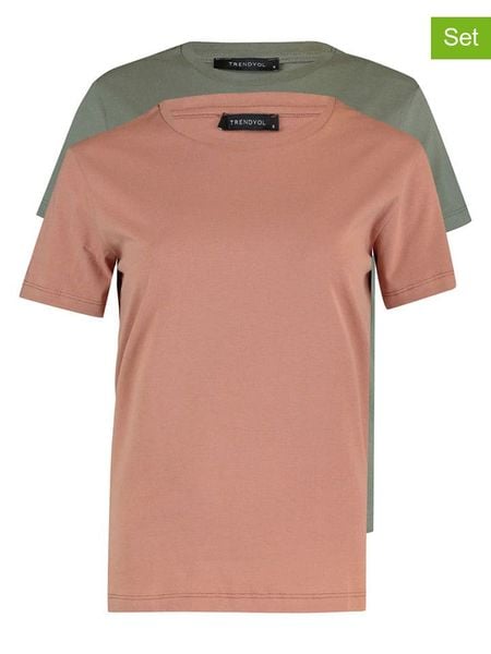 Trendyol Koszulki (2 szt.) w kolorze szaroróżowym i oliwkowym rozmiar: XL. Brązowe t-shirty damskie Trendyol, xl, bez wzorów, z bawełny, bez kołnierzyka. Za 64.95 zł.
