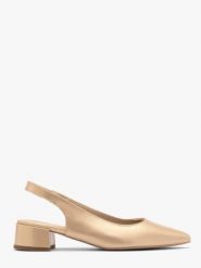 Złote czółenka damskie z otwartą piętą typu slingback. Żółte czółenka damskie Ryłko, bez wzorów, z gumy, z otwartym noskiem, bez obcasa, na obcasie. W wyprzedaży za 299.99 zł.