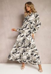 Biała Sukienka o Rozkloszowanym Fasonie w Abstrakcyjny Print Aganotha. Białe sukienki damskie Renee, na spotkanie biznesowe, l, z aplikacjami, eleganckie, bez kołnierzyka, bez ramiączek, maxi, rozkloszowane. W wyprzedaży za 135.99 zł.