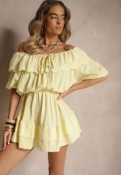 Żółta Sukienka z Bawełny Ozdobiona Ażurową Falbaną Ranisse. Żółte sukienki damskie Renee, na co dzień, na lato, z aplikacjami, z bawełny, eleganckie, bez kołnierzyka, bez ramiączek, mini. W wyprzedaży za 103.99 zł.