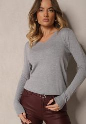 Szary Sweter z Bawełną i Trójkątnym Dekoltem Eulinevia. Szare swetry klasyczne damskie Renee, uniwersalny, z bawełny, bez kołnierzyka. Za 34.99 zł.