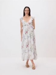 Sukienka w kwiaty - wielobarwny. Sukienki damskie Reserved, l, bez wzorów, z lyocellu, bez kołnierzyka, bez ramiączek, maxi. Za 199.99 zł.