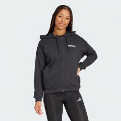 Bluza z kapturem Essentials Linear Full-Zip French Terry. Białe bluzy z kapturem damskie Adidas, z materiału. W wyprzedaży za 124.50 zł.