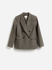 Dwurzędowa marynarka z wełną - ciemnobrązowy. Brązowe marynarki i żakiety damskie Reserved, l, bez wzorów, z tkaniny. Za 459.99 zł.