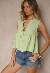 Zielona Bluzka Top z Bawełny Wiązana z Przodu z Falbanką Comila. Zielone bluzki damskie Renee, m, bez wzorów, z bawełny, bez kołnierzyka, bez ramiączek. Za 59.99 zł.