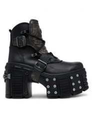 NEW ROCK Botki M-TM004-C3 Czarny. Czarne botki damskie NEW ROCK, ze skóry, rockowe, bez obcasa, na słupku, bez zapięcia. Za 1,059.00 zł.