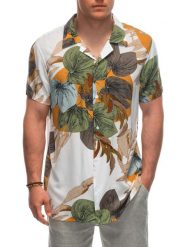 Wiskozowa wzorzysta męska koszula z krótkim rękawem OM-SHPS-0113 - biała/kremowa V6 - XXL. Białe koszule męskie Ombre Clothing, l, bez wzorów, z materiału, bez kołnierzyka, bez ramiączek. W wyprzedaży za 69.99 zł.