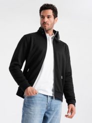 Męska kurtka z wysokim kołnierzem i polarowym wnętrzem – czarna V1 OM-JANP-0154 - L. Czarne kurtki męskie Ombre Clothing, na lato, l, z aplikacjami, z polaru, eleganckie, bez kaptura. Za 161.99 zł.
