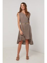 Lin Passion Lniana sukienka w kolorze szarobrązowym rozmiar: 38/40. Brązowe sukienki damskie Lin Passion, bez wzorów, ze lnu, klasyczne, bez kołnierzyka, bez ramiączek, midi. Za 152.99 zł.