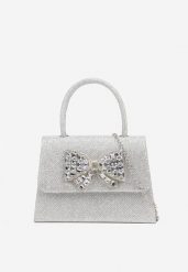 Srebrna Torebka Kopertówka z Cyrkoniową Kokardą Desslia. Szare torebki klasyczne damskie Renee, bez wzorów, eleganckie, bez kołnierzyka, bez ramiączek. Za 54.99 zł.