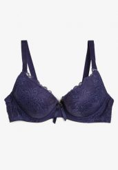 Granatowy Biustonosz Push Up z Ozdobną Koronką Ulira. Niebieskie biustonosze Renee, bez wzorów, z koronki. Za 19.99 zł.