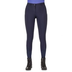 Spodnie jeździeckie damskie z gripem QHP Nyomi. Niebieskie spodnie materiałowe damskie QHP, bez wzorów, z elastanu, eleganckie. Za 424.50 zł.