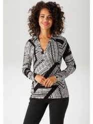 Aniston Bluzka w kolorze czarno-biało-beżowym rozmiar: 40. Białe bluzki damskie Aniston, bez wzorów, z wiskozy, bez kołnierzyka, bez ramiączek. Za 56.99 zł.