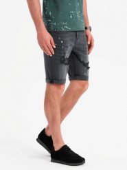 Męskie krótkie spodenki jeansowe z przetarciami i podwiniętą nogawką – szare V3 OM-SRDS-0186 - XXL. Szare szorty męskie Ombre Clothing, z bawełny, bez kołnierzyka. W wyprzedaży za 109.99 zł.