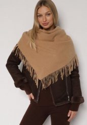 Brązowy Trójkątny Szalik z Wiskozy i Bawełny z Frędzlami Vetirala. Brązowe szaliki i kominy damskie Born2be, bez wzorów, z bawełny. Za 44.99 zł.