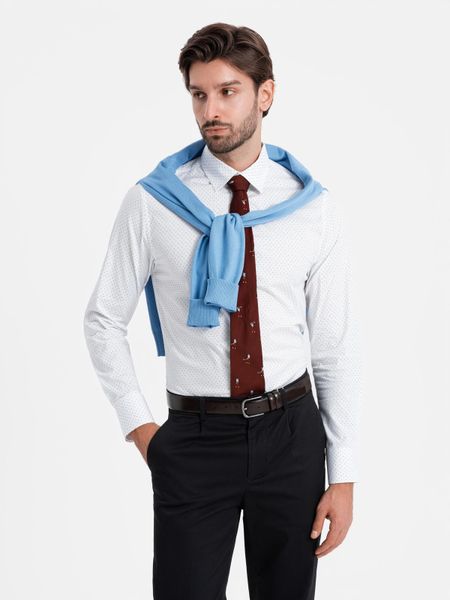 Bawełniana koszula męska w mikro wzór REGULAR FIT - biała V1 - Rozmiar: XXL. Białe koszule męskie Ombre Clothing, m, bez wzorów, z bawełny, bez kołnierzyka, bez ramiączek. W wyprzedaży za 69.99 zł.