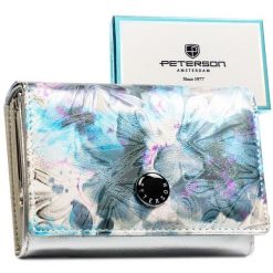 Wielokolorowy portfel damski w roślinny wzór, zamykany zatrzaskiem PTN PX30-1-NPK Peterson. Niebieskie portfele damskie bez wzorów, ze skóry. Za 109.99 zł.
