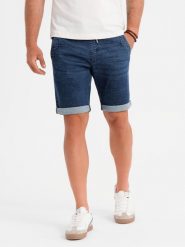 Szorty jeansowe męskie z podwinięta nogawką - ciemnoniebieskie V2 OM-SRDS-0161 - XXL. Niebieskie szorty męskie Ombre Clothing, z bawełny, bez kołnierzyka. W wyprzedaży za 89.99 zł.