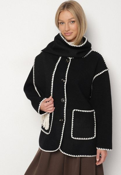 Czarna Pudełkowa Kurtka z Ozdobnymi Przeszyciami i Szalikiem Salenalia. Czarne kurtki damskie Born2be, bez wzorów, z jeansu, bez kaptura. Za 199.99 zł.