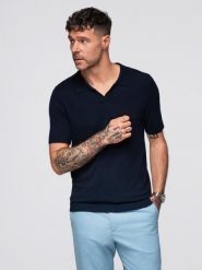 Koszulka męska polo bez guzików z klasycznym splotem – granatowa V1 - Rozmiar: XXL. Niebieskie koszulki polo męskie Ombre Clothing, m, bez wzorów, z dzianiny, bez ramiączek. W wyprzedaży za 149.99 zł.