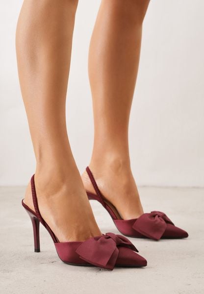 Bordowe Satynowe Szpilki z Odkrytą Piętą i Ozdobną Kokardą Argatea. Czerwone szpilki Born2be, bez wzorów, z jeansu, bez obcasa. Za 89.99 zł.