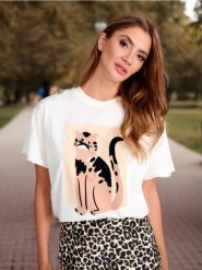 Koszulka z nadrukiem kota - kremowy. Białe t-shirty damskie Sinsay, l, bez wzorów, z bawełny, bez kołnierzyka. Za 12.99 zł.