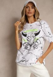 Biała Bawełniana Koszulka T-shirt z Nadrukiem Lanessae. Białe bluzki damskie Renee, l, z aplikacjami, z bawełny, eleganckie, bez kołnierzyka, bez ramiączek. Za 34.99 zł.