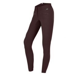 Spodnie do jazdy konnej z pełnym silikonowym gripem, wysokie w pasie dla kobiet. Brązowe spodnie materiałowe damskie ELT, bez wzorów, sportowe. Za 474.00 zł.
