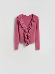 Sweter z falbanką - jasnofioletowy. Fioletowe swetry klasyczne damskie Reserved, l, z dzianiny, bez kołnierzyka. Za 129.99 zł.